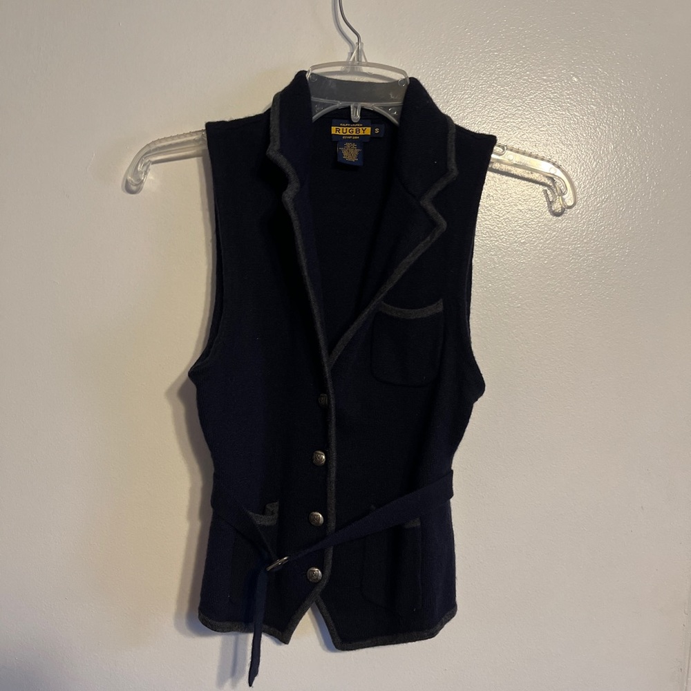 Rugby Ralph Lauren Navy Blue Grey V-Neck 100% wool Womens Sweater Vest